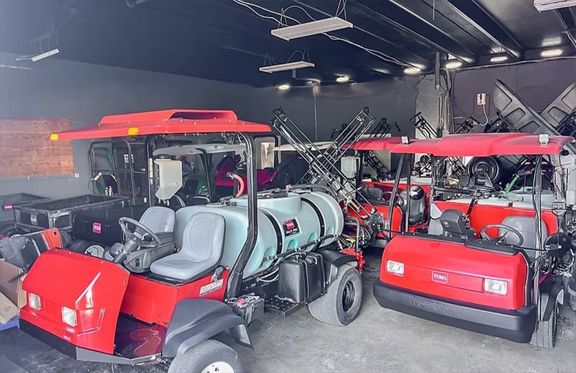Red utility vehicles being showcased